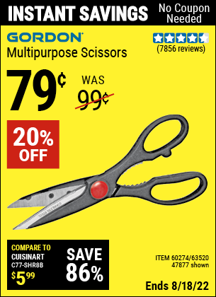 Buy the GORDON Multipurpose Scissors (Item 47877/60274/63520) for $0.79, valid through 8/18/2022.