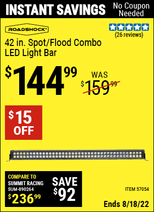 Buy the ROADSHOCK 42 In. Spot/Flood Combo LED Light Bar (Item 57054) for $144.99, valid through 8/18/2022.