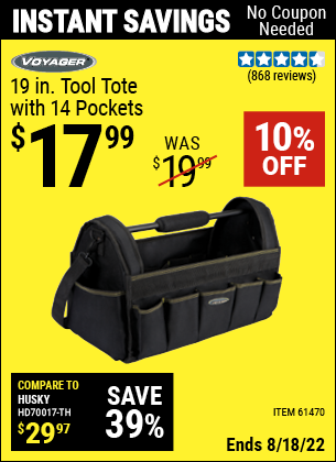 Buy the VOYAGER 19 in. Tool Tote with 14 Pockets (Item 61470) for $17.99, valid through 8/18/2022.