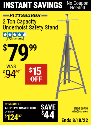 Buy the PITTSBURGH AUTOMOTIVE 2 Ton Capacity Underhoist Safety Stand (Item 61600/60759) for $79.99, valid through 8/18/2022.