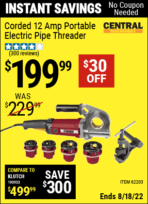 Buy the CENTRAL MACHINERY Portable Electric Pipe Threader (Item 62203) for $199.99, valid through 8/18/2022.