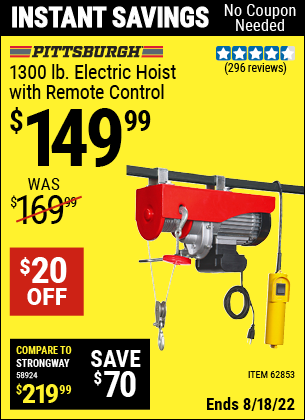 Buy the PITTSBURGH AUTOMOTIVE 1300 lb. Electric Hoist with Remote Control (Item 62853) for $149.99, valid through 8/18/2022.
