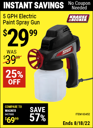 Buy the KRAUSE & BECKER 5 GPH Electric Paint Spray Gun (Item 63452/63060) for $29.99, valid through 8/18/2022.