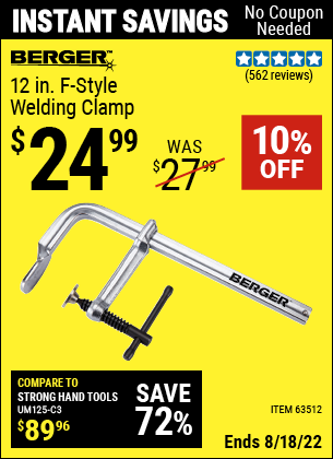 Buy the BERGER 12 in. F-Style Welding Clamp (Item 63512) for $24.99, valid through 8/18/2022.