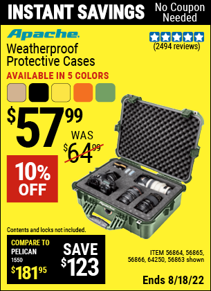 Buy the APACHE 4800 Weatherproof Protective Case (Item 64250/56863/56864/56865/56866) for $57.99, valid through 8/18/2022.
