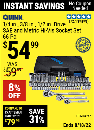 Buy the QUINN 66 Pc 1/4 in. 3/8 in. 1/2 in. Drive SAE & Metric Hi-Vis Socket Set (Item 64267) for $54.99, valid through 8/18/2022.
