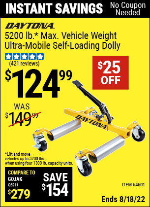 Buy the DAYTONA 5200 Lb. Max Vehicle Weight Ultra-Mobile Self-Loading Dolly (Item 64601) for $124.99, valid through 8/18/2022.