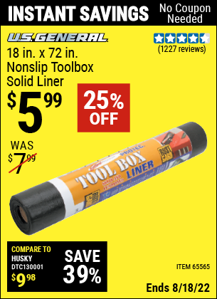 Buy the U.S. GENERAL 18 In x 72 In Nonslip Toolbox Solid Liner (Item 65565) for $5.99, valid through 8/18/2022.