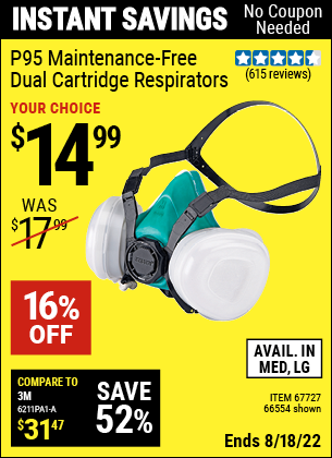 Buy the GERSON P95 Maintenance-Free Dual Cartridge Respirator Medium (Item 66554/67727) for $14.99, valid through 8/18/2022.