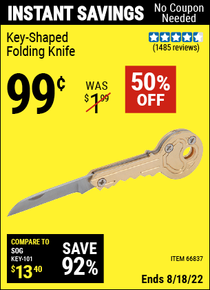 Buy the Key-Shaped Folding Knife (Item 66837) for $0.99, valid through 8/18/2022.