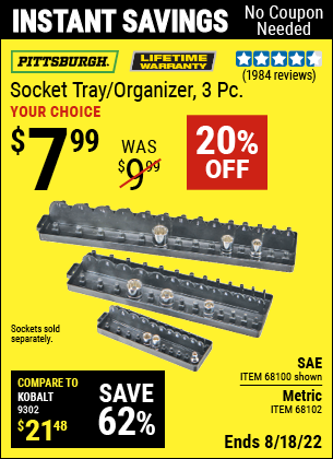 Buy the PITTSBURGH SAE Socket Tray/Organizer 3 Pc. (Item 68100/68102) for $7.99, valid through 8/18/2022.