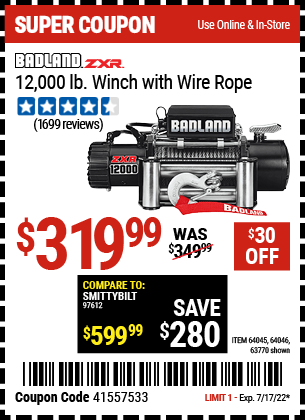 Buy the BADLAND 12000 Lbs. Off-Road Vehicle Electric Winch With Automatic Load-Holding Brake (Item 63770/64045/64046) for $319.99, valid through 7/17/2022.