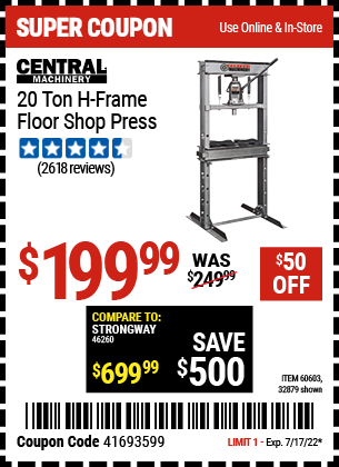 Buy the CENTRAL MACHINERY H-Frame Industrial Heavy Duty Floor Shop Press (Item 32879/60603) for $199.99, valid through 7/17/2022.