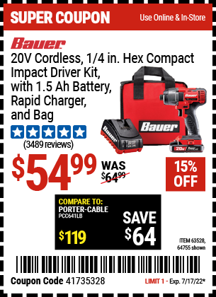 Buy the BAUER 20V Hypermax Lithium 1/4 In. Hex Compact Impact Driver Kit (Item 63528/63528) for $54.99, valid through 7/17/2022.