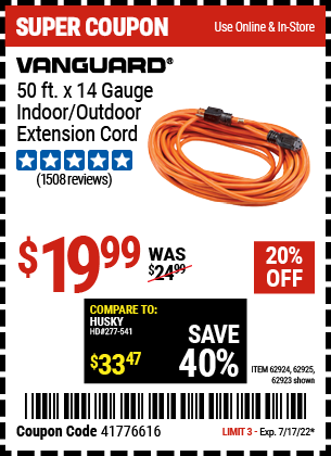 Buy the VANGUARD 50 ft. x 14 Gauge Indoor/Outdoor Extension Cord (Item 62923/62924/62925) for $19.99, valid through 7/17/2022.