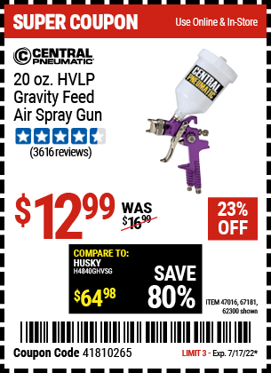 Buy the CENTRAL PNEUMATIC 20 oz. HVLP Gravity Feed Air Spray Gun (Item 62300/47016/67181) for $12.99, valid through 7/17/2022.