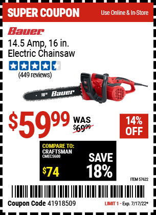 Buy the BAUER Corded 16 in. Electric Chainsaw (Item 57622) for $59.99, valid through 7/17/2022.