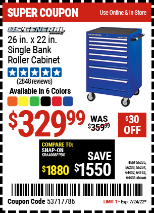 U.S. GENERAL 26 in. x 22 In. Single Bank Roller Cabinet for $329.99 ...