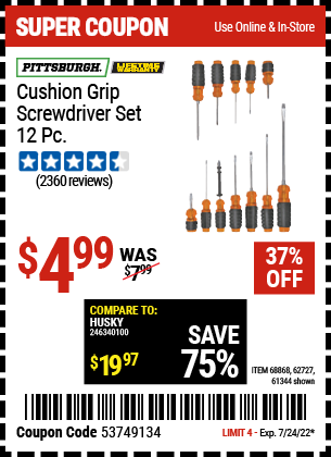 PITTSBURGH Cushion Grip Screwdriver Set 12 Pc. for $4.99 – Harbor ...