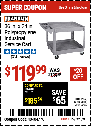 Buy the HAUL-MASTER 24 In. x 36 In. Polypropylene Industrial Service Cart (Item 92862/62703/63034/58323) for $119.99, valid through 7/31/2022.