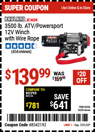 Buy the BADLAND ZXR 3500 Lb. ATV/Powersport 12v Winch With Wire Rope (Item 56259/56528) for $139.99, valid through 7/31/2022.
