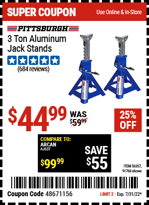 Buy the PITTSBURGH AUTOMOTIVE 3 Ton Aluminum Jack Stands (Item 91760/56357) for $44.99, valid through 7/31/2022.