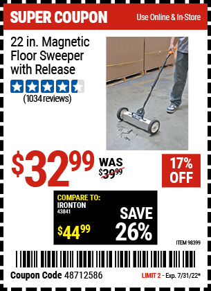 Buy the 22 In. Magnetic Floor Sweeper with Release (Item 98399) for $32.99, valid through 7/31/2022.