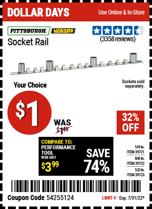 Buy the PITTSBURGH 1/4 in. Socket Rail (Item 39721/39722/39723) for $1, valid through 7/31/2022.