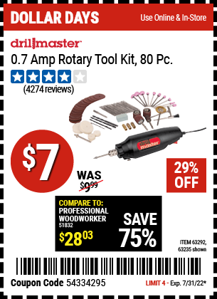 Buy the DRILL MASTER Rotary Tool Kit 80 Pc. (Item 63235/63292) for $7, valid through 7/31/2022.