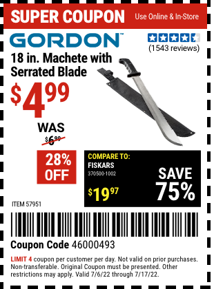 Buy the GORDON 18 in. Machete with Serrated Blade (Item 57951) for $4.99, valid through 7/17/2022.