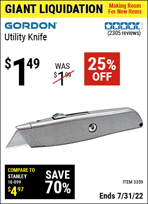 Buy the GORDON Retractable Utility Knife (Item 3359) for $1.49, valid through 7/31/2022.