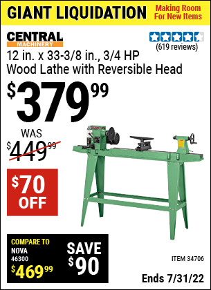 Buy the CENTRAL MACHINERY 12 in. x 33-3/8 in. 3/4 HP Wood Lathe with Reversible Head (Item 34706) for $379.99, valid through 7/31/2022.