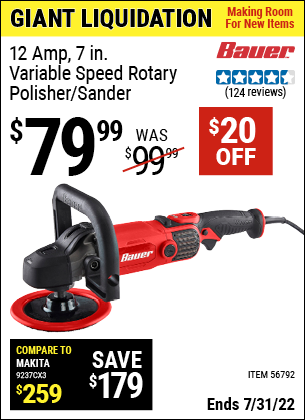 Buy the BAUER Corded 7 in. 12 Amp Variable Speed Rotary Polisher/Sander (Item 56792) for $79.99, valid through 7/31/2022.