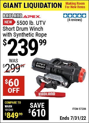 Buy the BADLAND APEX 5500 lb. UTV Short Drum Winch with Synthetic Rope (Item 57206) for $239.99, valid through 7/31/2022.