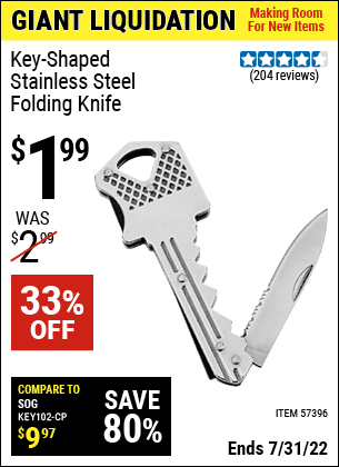 Buy the Key-Shaped Stainless Steel Folding Knife (Item 57396) for $1.99, valid through 7/31/2022.
