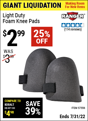 Buy the RANGER Light Duty Foam Knee Pads (Item 57556) for $2.99, valid through 7/31/2022.