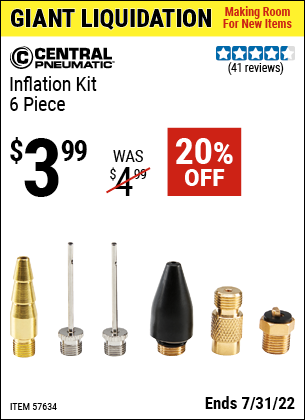 Buy the CENTRAL PNEUMATIC Inflation Kit – 6 Pc. (Item 57634) for $3.99, valid through 7/31/2022.