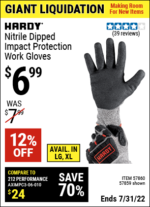 Buy the HARDY Nitrile Dipped Impact Protection Work Gloves – X-Large (Item 57859/57860) for $6.99, valid through 7/31/2022.