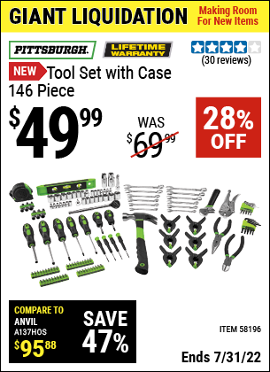 Buy the PITTSBURGH Tool Set With Case – 146 Pc. (Item 58196) for $49.99, valid through 7/31/2022.