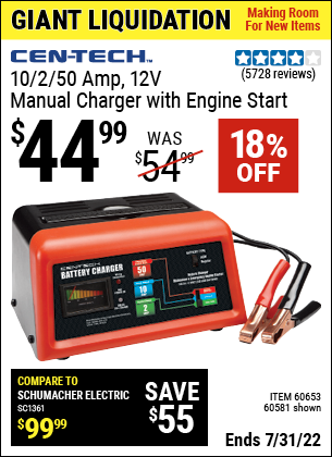 Buy the CEN-TECH 12V Manual Charger With Engine Start (Item 60581/60653) for $44.99, valid through 7/31/2022.
