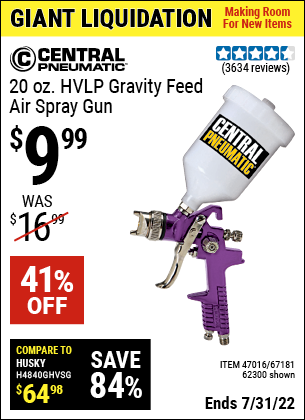 Buy the CENTRAL PNEUMATIC 20 oz. HVLP Gravity Feed Air Spray Gun (Item 62300/47016/67181) for $9.99, valid through 7/31/2022.