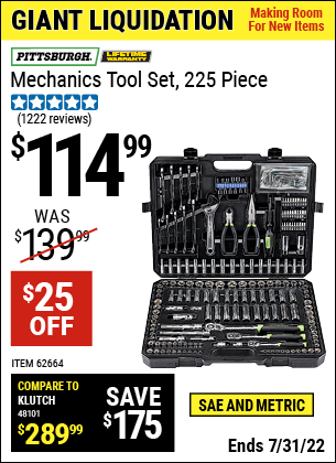 Buy the PITTSBURGH Mechanic's Tool Kit 225 Pc. (Item 62664) for $114.99, valid through 7/31/2022.