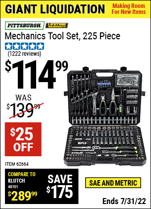 PITTSBURGH Mechanic’s Tool Kit 225 Pc. for $114.99 – Harbor Freight Coupons