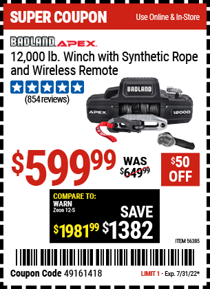 Buy the BADLAND APEX Synthetic 12000 Lb. Wireless Winch (Item 56385) for $599.99, valid through 7/31/2022.