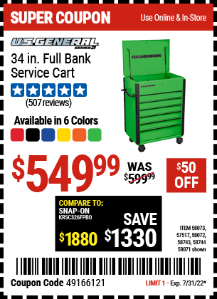 Buy the U.S. GENERAL 34 in. Full Bank Service Cart – Black (Item 57517/58071/58072/58073/58743/58744) for $549.99, valid through 7/31/2022.