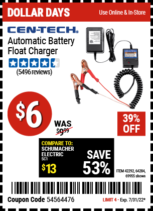 Buy the CEN-TECH Automatic Battery Float Charger (Item 42292/42292/64284) for $6, valid through 7/31/2022.