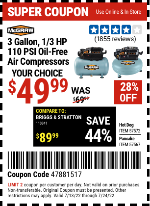 Buy the MCGRAW 3 Gallon 1/3 HP 110 PSI Oil-Free Pancake Air Compressor (Item 57567/57572) for $49.99, valid through 7/24/2022.