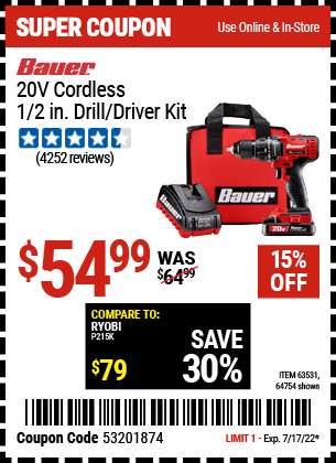Buy the BAUER 20V Hypermax Lithium 1/2 In. Drill/Driver Kit (Item 63531/63531) for $54.99, valid through 7/31/2022.