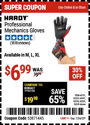 Buy the HARDY Professional Mechanic's Gloves Large (Item 62525/56249/64731/62524/64947/62526) for $6.99, valid through 7/24/2022.