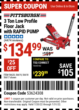 Buy the PITTSBURGH AUTOMOTIVE 3 Ton Low Profile Steel Heavy Duty Floor Jack With Rapid Pump (Item 56617/56618/56619/56620) for $134.99, valid through 7/31/2022.
